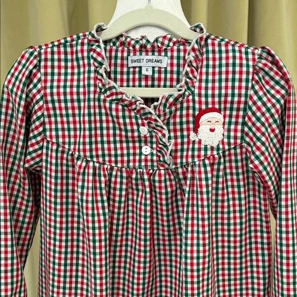 Sweet Dreams - Girls Santa Embroidered Red and Green Gingham Nightgown - Size:6Y - Picture 2 of 7